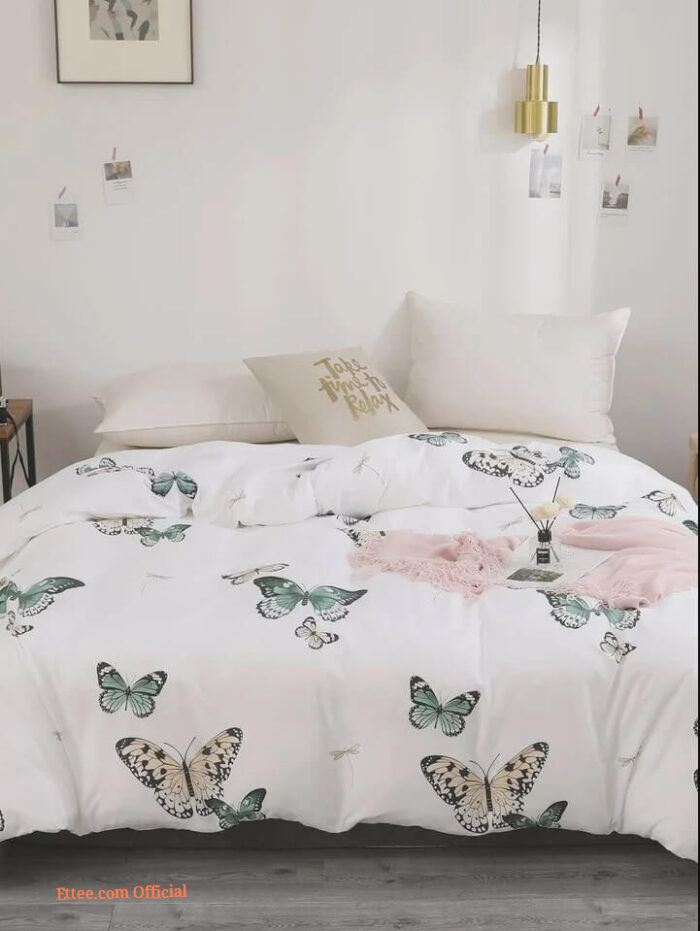 Butterfly Print Cotton Bed Sheets Spread Comforter Bedding Sets - King - Ettee