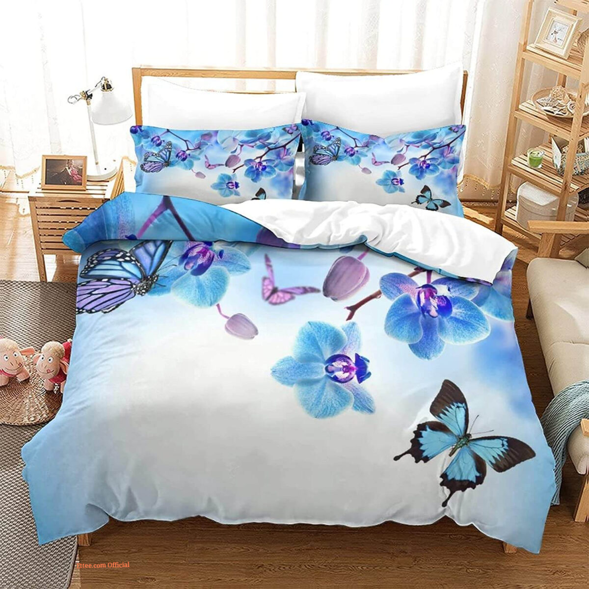 Butterfly Watercolor Blue Butterfly Plum Branch Bedding Set - King - Ettee
