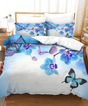 Butterfly Watercolor Blue Butterfly Plum Branch Bedding Set - King - Ettee