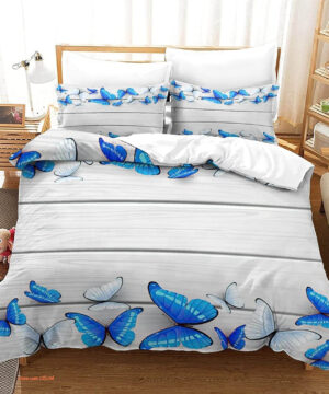 Butterfly Watercolor Blue Butterfly Rustic Wood Plank Bedding Set - King - Ettee