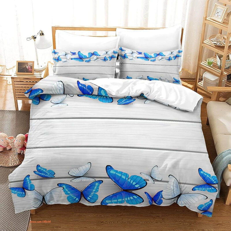 Butterfly Watercolor Blue Butterfly Rustic Wood Plank Bedding Set - King - Ettee