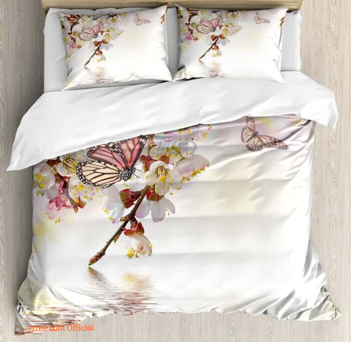 Butterfly With Cherry Blossom Bed Sheets Bedding Sets - King - Ettee