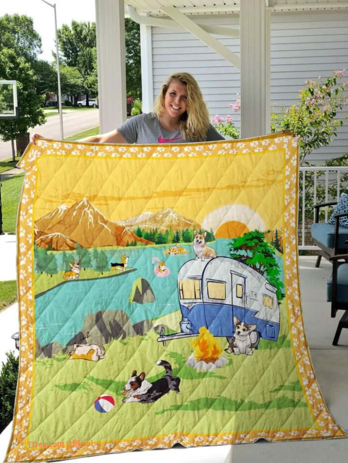 Camping Welsh Corgi By The River Quilt Blanket Great Customized Blanket Gifts For Birthday Christmas Thanksgiving - Ettee - Birthday
