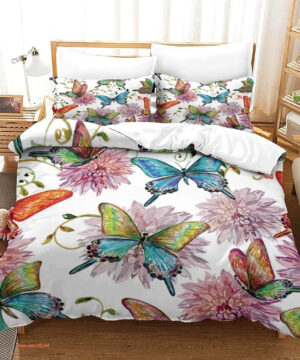 Colorful Butterfly Floral Leaf Quilt Cover Print Soft Bedding Set - King - Ettee