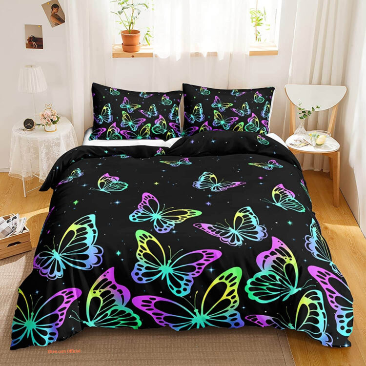 Colorful Butterfly Purple Butterfly 3 Piece Bedding Set - King - Ettee