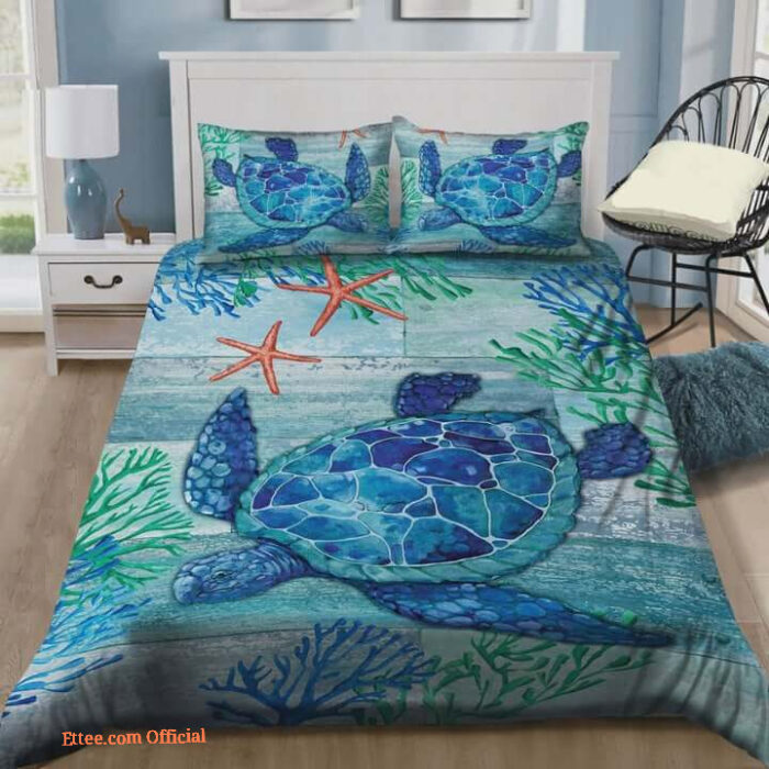 Cotton Bed Sheets Spread Comforter Duvet Cover Bedding Sets With A Sea Turtle In The Ocean - King - Ettee