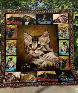 Cute Cat Sleeping Eating Pet Lover Vintage Quilt Blanket. Foldable And Compact - Super King - Ettee