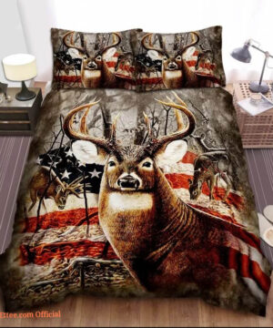 Deer Hunting American Flag Bedding Set. Luxurious Smooth And Durable - King - Ettee