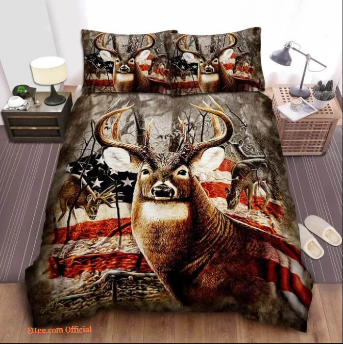 Deer Hunting American Flag Bedding Set. Luxurious Smooth And Durable - King - Ettee