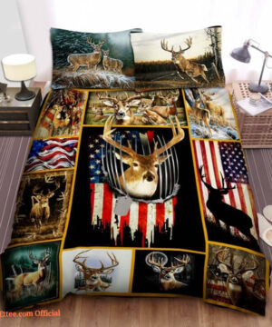 Deer Hunting American Flag Cotton Bed Sheets Spread Comforter Bedding Sets - King - Ettee