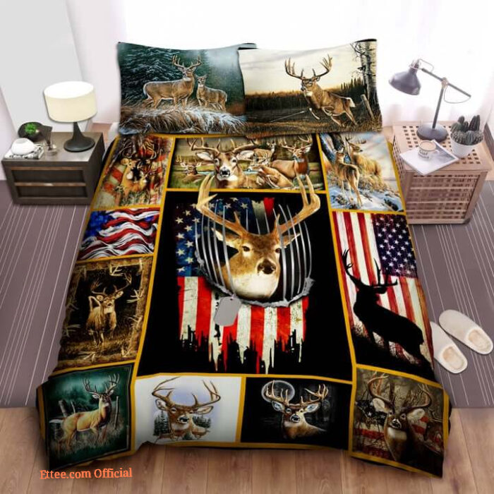 Deer Hunting American Flag Cotton Bed Sheets Spread Comforter Bedding Sets - King - Ettee