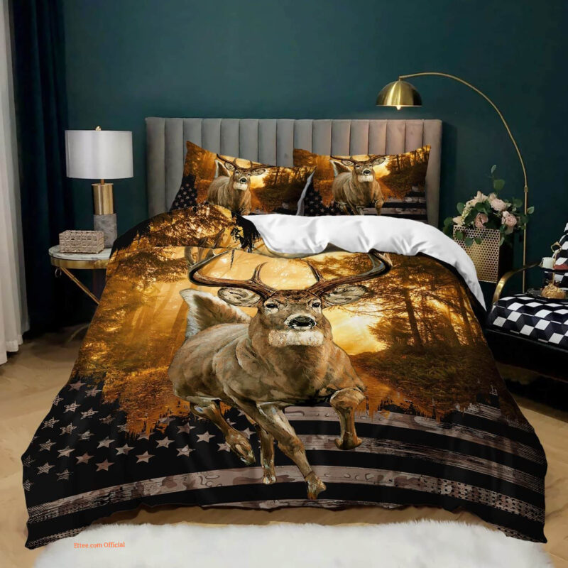 Deer Hunting American Flag Deer Bedding Set - King - Ettee