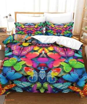 Elegant Home Butterfly Floral Multicolor Blue White Pink Bedding Set - King - Ettee