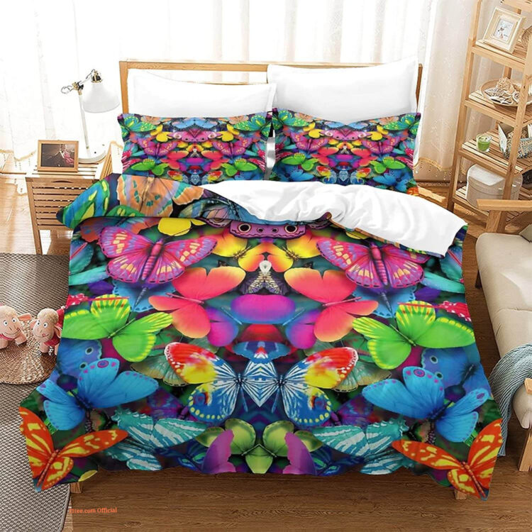 Elegant Home Butterfly Floral Multicolor Blue White Pink Bedding Set - King - Ettee