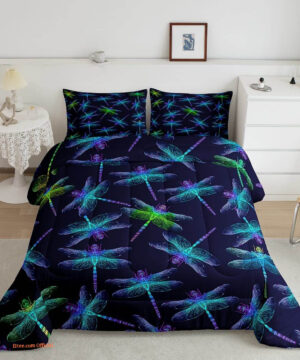 Dragonfly Full Comforter Set Neon Animal Theme Bedding Set - King - Ettee