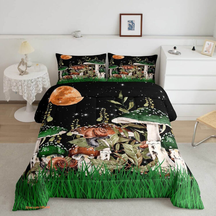 Hippie Mushroom Comforter for Kids Girls Boho Moon Stars Bedding Set - King - Ettee