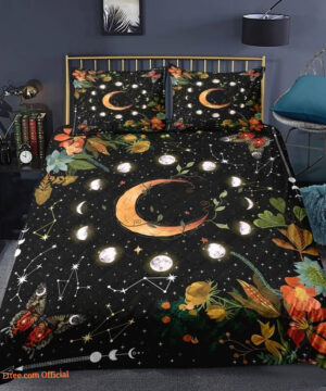 Floral Moon phase 3pcs Comforter set Butterfly Bedding Plant Night Quilt set For Bedroom - King - Ettee