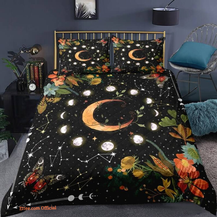 Floral Moon phase 3pcs Comforter set Butterfly Bedding Plant Night Quilt set For Bedroom - King - Ettee
