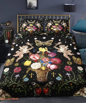 Floral Moon phase 3pcs Comforter set Butterfly Bedding Sun and Moon Quilt set For Bedroom1 - King - Ettee