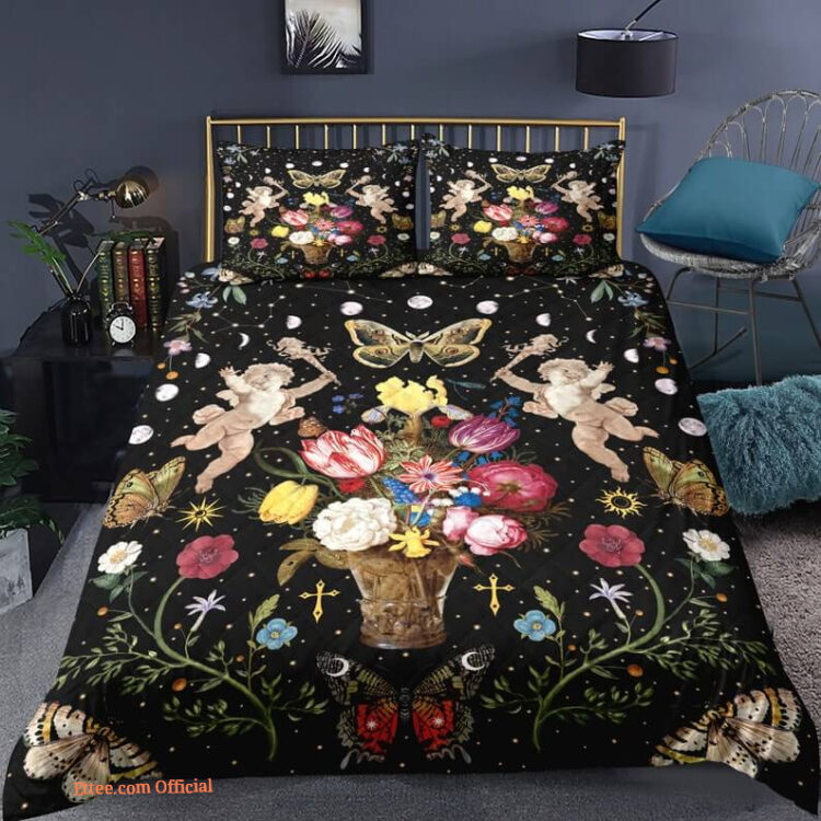 Floral Moon phase 3pcs Comforter set Butterfly Bedding Sun and Moon Quilt set For Bedroom1 - King - Ettee