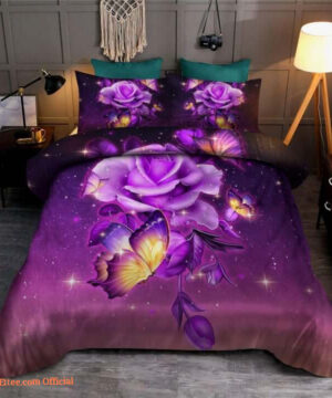 Galaxy Purple Butterfly And Rose Cotton Bed Sheets Spread Comforter Bedding Sets - King - Ettee