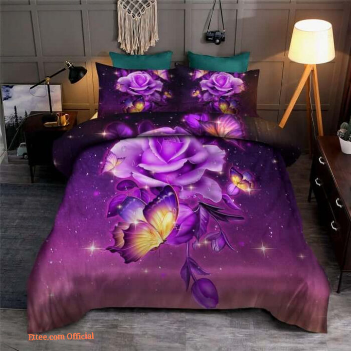 Galaxy Purple Butterfly And Rose Cotton Bed Sheets Spread Comforter Bedding Sets - King - Ettee