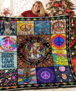 Hippie Girl Peace Love Symbol Music Quilt Blanket. Lightweight And Smooth Comfort - Super King - Ettee