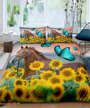 Horse And Butterfly In Sunflower Field Bedding Set Bed Sheets Spread Comforter Duvet Cover Bedding Sets - King - Ettee