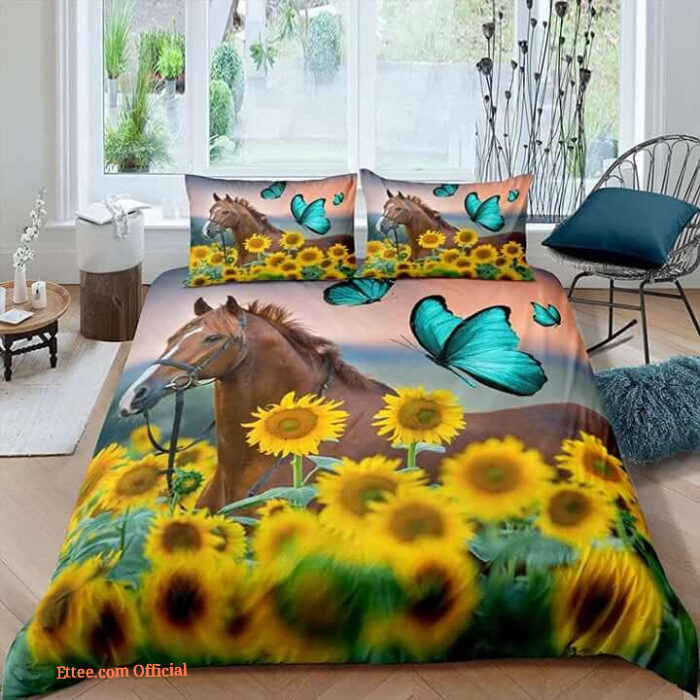 Horse And Butterfly In Sunflower Field Bedding Set Bed Sheets Spread Comforter Duvet Cover Bedding Sets - King - Ettee