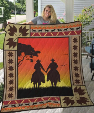 Horse Cowboy Couple At Dawn Quilt Blanket Great - Super King - Ettee