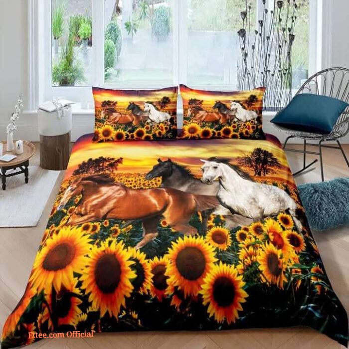 Horses And Sunflower Bedding Set Bed Sheet Spread Comforter Duvet Cover Bedding Sets - King - Ettee