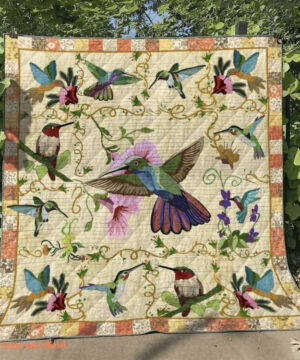 Hummingbird Colorful Flower Animal Lover Vintage Quilt Blanket. Foldable And Compact - Super King - Ettee