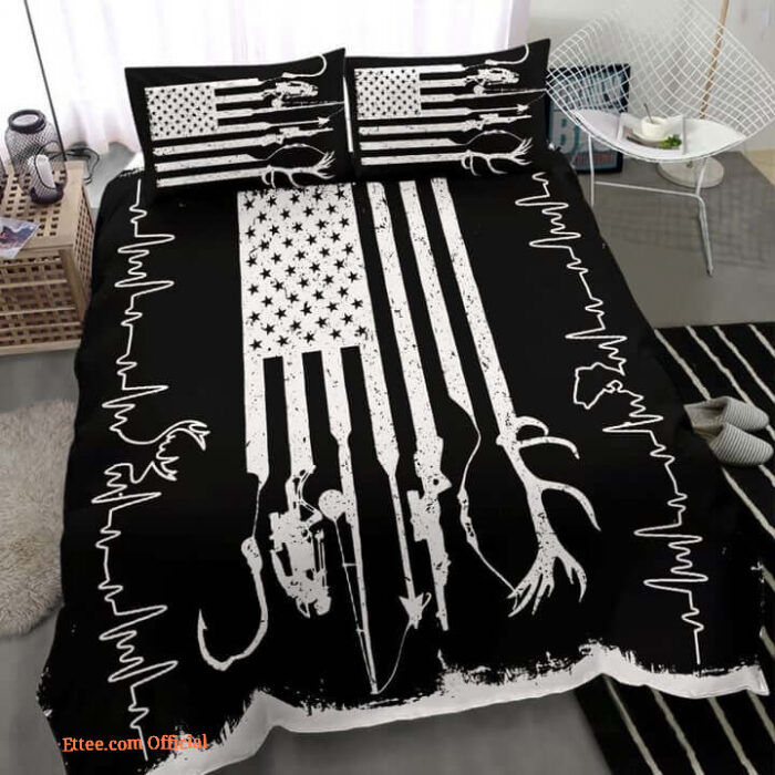 Hunting And Fishing.American Flag.Heartbeat Bed Sheets Spread Bedding Sets - King - Ettee