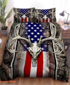 Hunting Deer American Flag Cotton Bed Sheets Spread Comforter Bedding Sets - King - Ettee