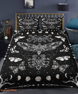 Moth 3pcs Comforter set Bedding set Moon phase Quilt set Black and white For Bedroom - King - Ettee