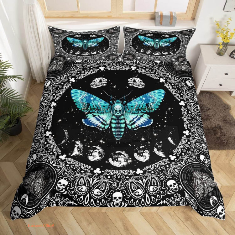 Moth Skull Bedding Set Sun and Moon Boho Comforter Cover for Kids - King - Ettee