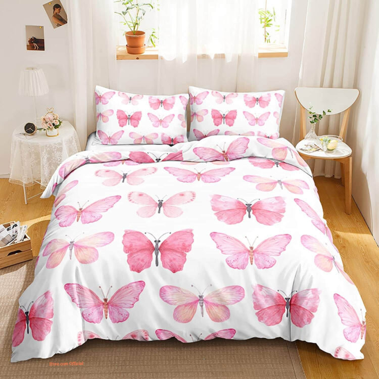 Pink Butterfly for Girl 3 Piece Bedding Set. Luxurious Smooth And Durable - King - Ettee