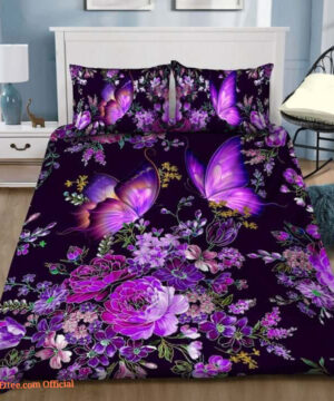 Purple Butterfly And Flowers In Digital Art Bed Sheets Spread Bedding Set - King - Ettee