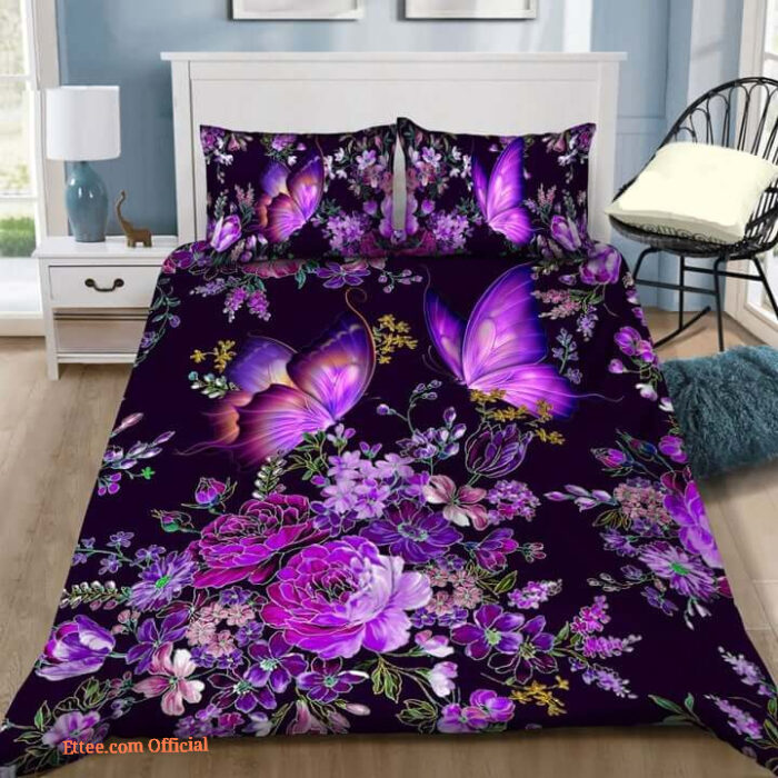 Purple Butterfly And Flowers In Digital Art Bed Sheets Spread Bedding Set - King - Ettee