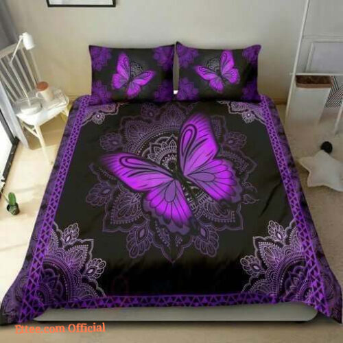 Purple Butterfly And Mandala Pattern Bedding Set Bed Sheets Spread Comforter Bedding Sets - King - Ettee