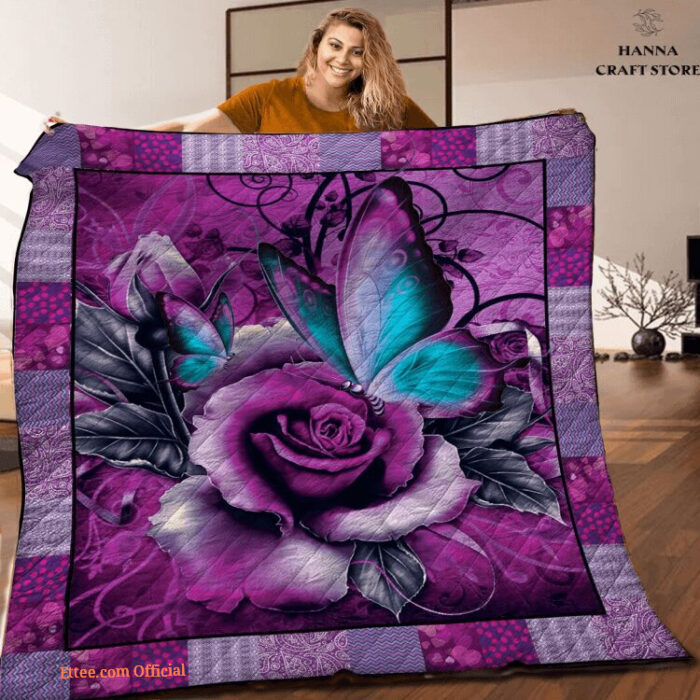 Purple Rose Flower Butterfly Animal Romance Couple Quilt Blanket - Super King - Ettee