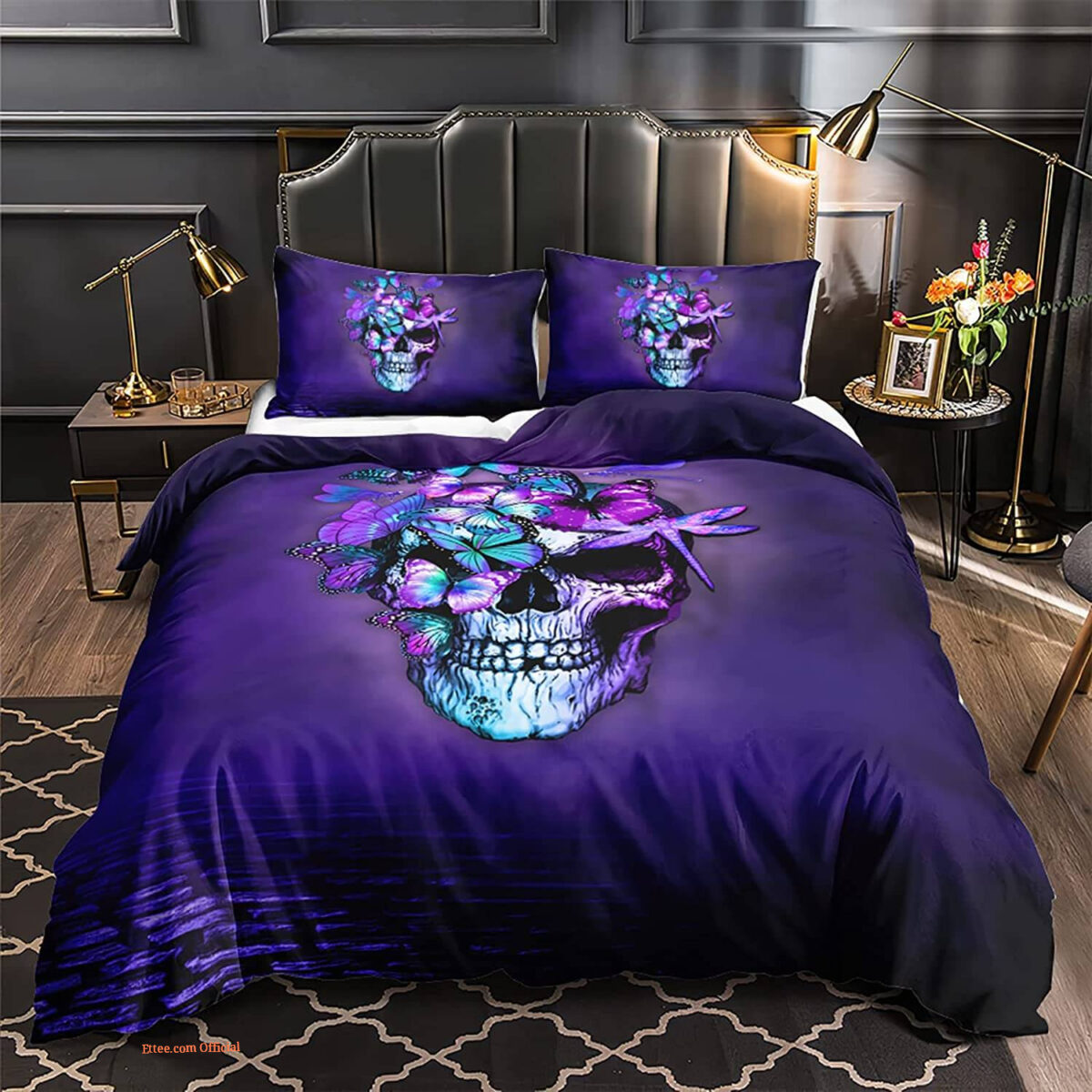 Purple Skull Trippy Butterfly 3 Piece Bedding Set. Luxurious Smooth And Durable - King - Ettee