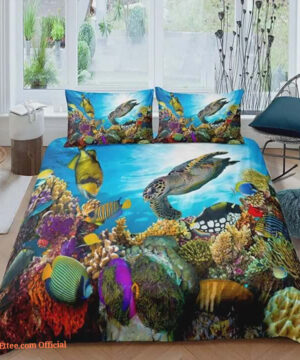 Sea Turtle Cover Tortoise Goldfish Bedding Set Coral Underwater Oasis Duvet Cover Blue Ocean - King - Ettee