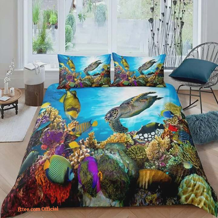 Sea Turtle Cover Tortoise Goldfish Bedding Set Coral Underwater Oasis Duvet Cover Blue Ocean - King - Ettee