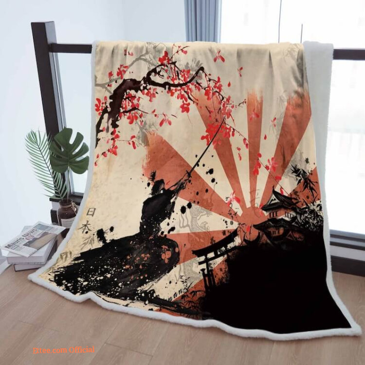 Sherpa Blanket Cherry Blossoms With Samurai Cozy Throw Blankets To Mother Grandma Grandpa Gift Japanese Home Decor - Super King - Ettee