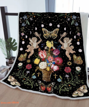 Sherpa Blanket Moon Phase Butterfly Wreath Throw Blanket Starry Sky Angel To Mother Grandma Grandpa Gift - Super King - Ettee