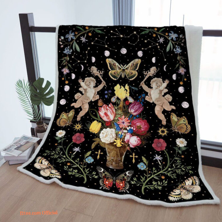 Sherpa Blanket Moon Phase Butterfly Wreath Throw Blanket Starry Sky Angel To Mother Grandma Grandpa Gift - Super King - Ettee