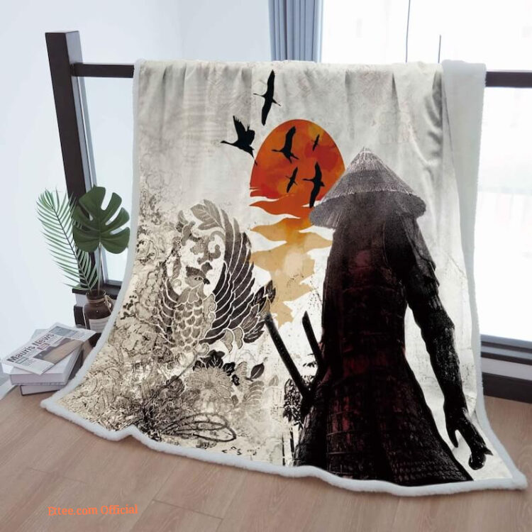 Sherpa Blanket With Samurai Sunrise Cozy Throw Blankets To Mother Grandma Grandpa Gift Japanese Home Decor - Super King - Ettee