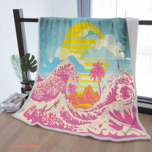Samurai Sunrise Waves Sherpa Blanket - Cozy Throw for Japanese Home Decor - Perfect Gift for Mother, Grandma, and Grandpa - Super King - Ettee