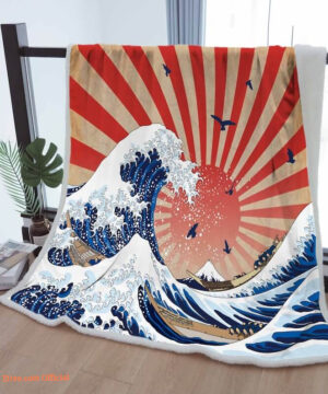 Samurai Sunrise Waves Sherpa Blanket - Cozy Throw for Mother, Grandma, Grandpa - Japanese Home Decor Gift - Super King - Ettee